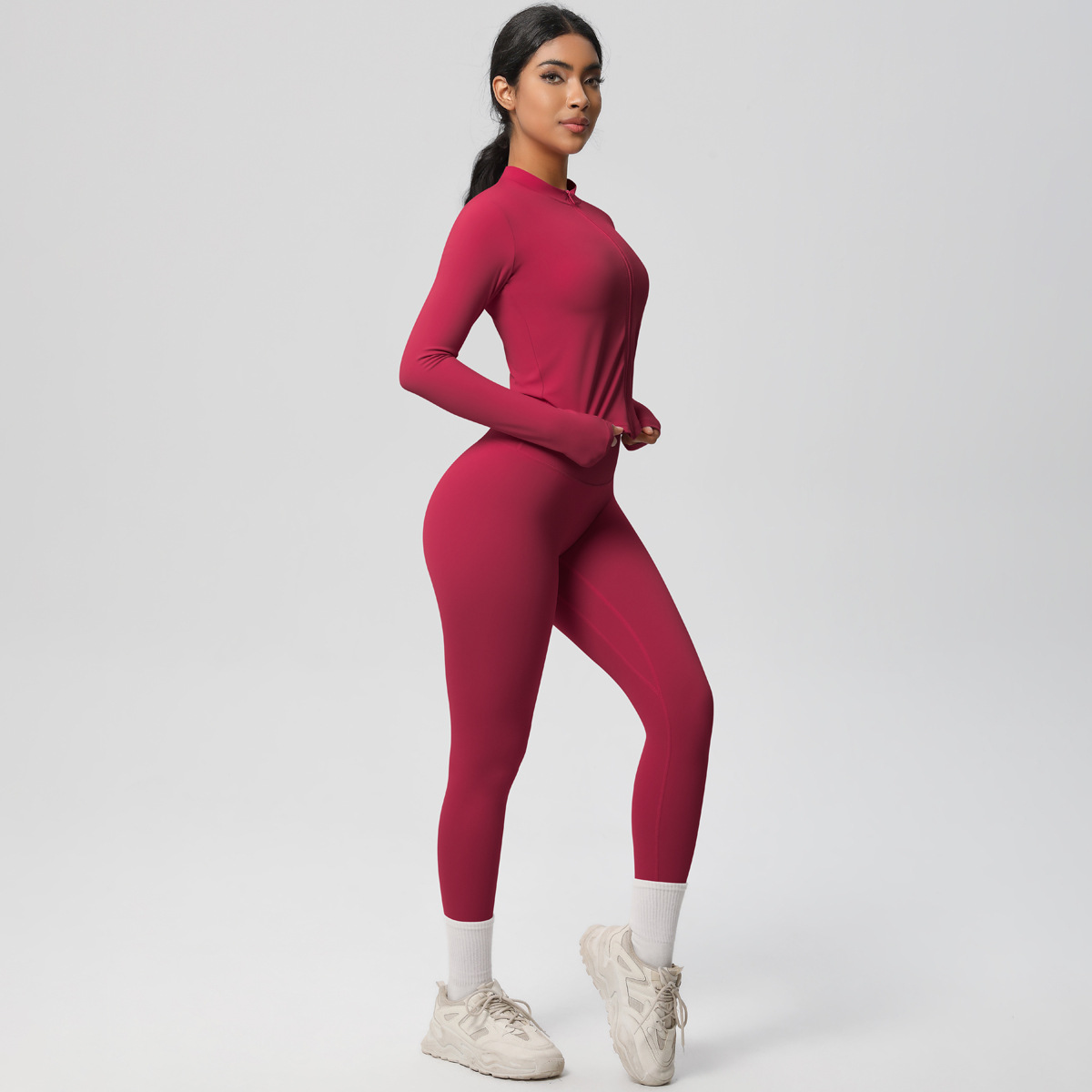 国境を越えた欧米の新型毛磨き裸感修身運動ファスナー長袖高腰ズボンセットフィットネスヨガセット