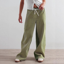 条纹阔腿牛仔裤女装欧美跨境春秋休闲宽松拼色显瘦直筒垂感裤059