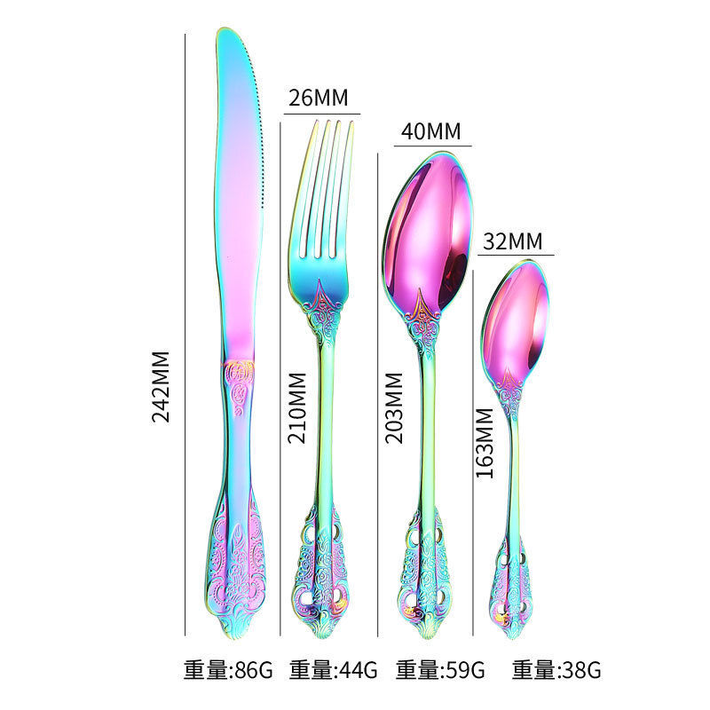 Vajilla de acero inoxidable de Amazon en relieve Royal Court 4 porciones hotel bistec cuchillo tenedor cuchara juego de regalo de 24 piezas