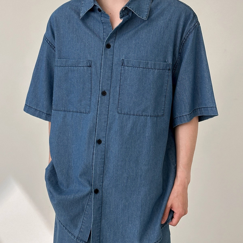 Summer Thin Denim Suit for Men, Handsome Washed Two-Piece Work Clothes, Short-Sleeved Shirt, Three-Quarter Pants, Casual and Versatile