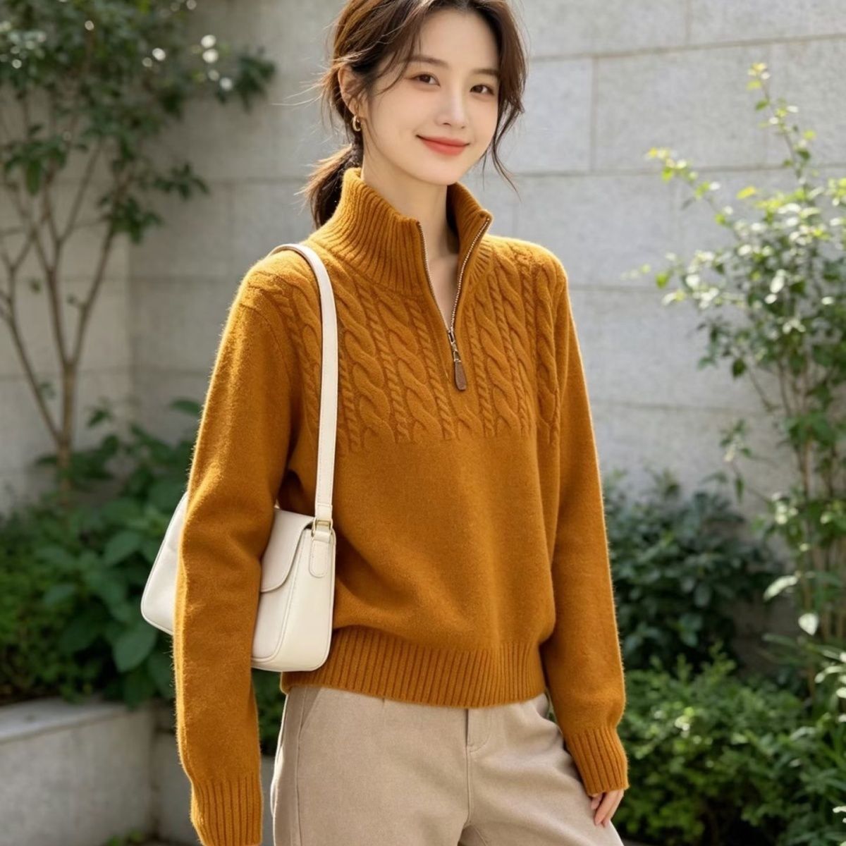 캐러멜색 하프 지퍼 스탠드 칼라 꽈배기 니트 여성 빈티지 케이블 루즈 보들보들 출근룩 풀오버 스웨터 도매