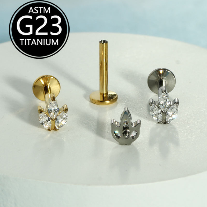 F136 Titanium Alloy Marquise Zirconia Internally Threaded Ear Studs, Cartilage Studs, G23 Titanium Lip Studs, Nose Studs - Piercing Jewelry in Stock detail image 7