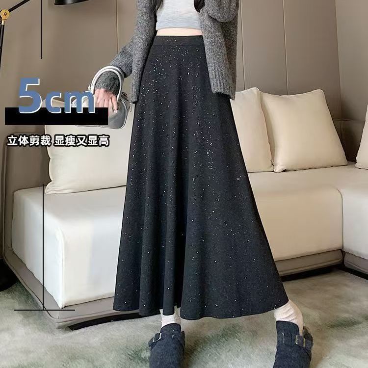 设计亮片针织半身裙秋季韩版秋冬松紧新款高腰感大摆裙亮闪闪长裙|undefined