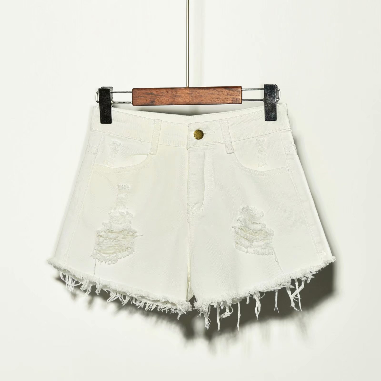 High Waist Loose Fit Denim Shorts Style Summer Wear For Women Large Size Hole Detail Slimming Effect Raw Edge Wide Leg A-Line Hot Pants_ecoleips.com