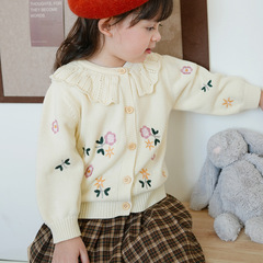 2024 Korean version spring and autumn lapel knitted cardigan for children and middle-aged children with embroidery and embroidery children's sweater jacket wholesale