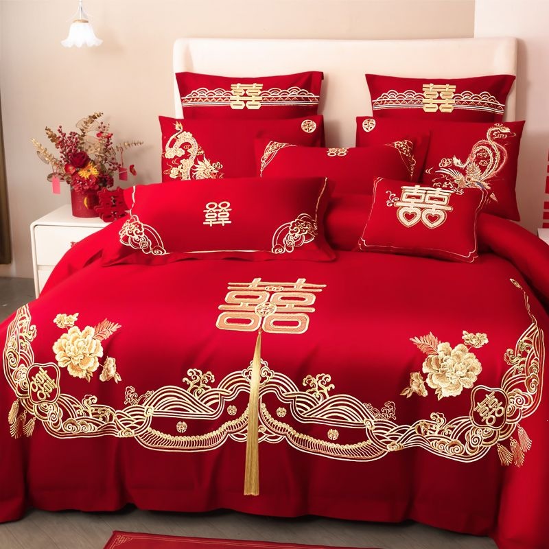 Cuatro piezas de boda china dragón-fénix bordado sábanas de boda rojas casa de boda colcha de cama image 33