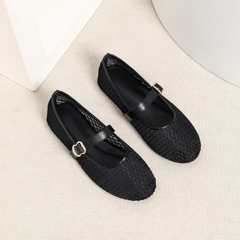 Cross-border Amazon One-Strap Mesh Mary Jane Shoes 2026 New Vintage Round-Toe Soft-Soled Ballet Flats for Women