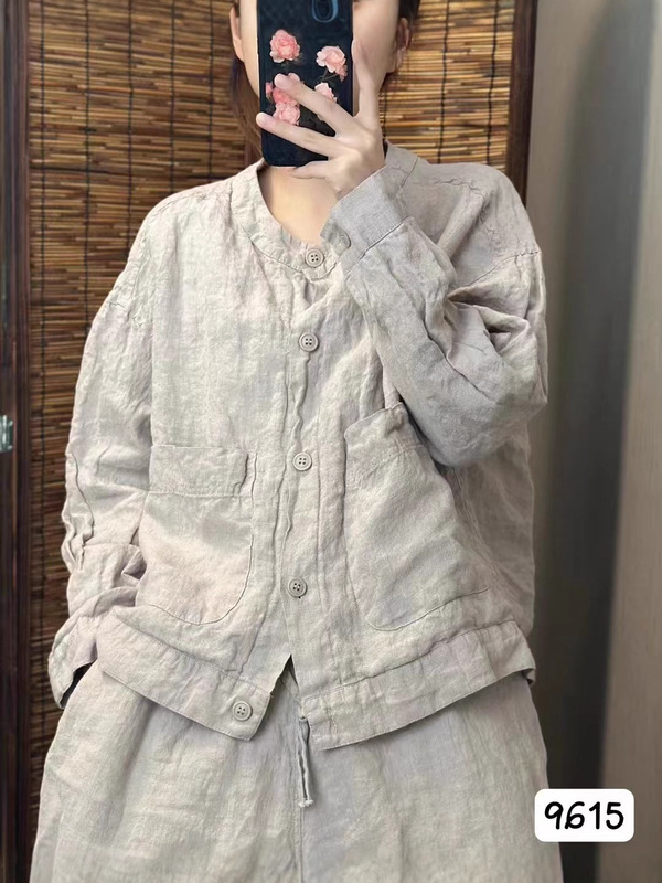 古咖服饰秋款复古砂洗亚麻外套内里加棉衬宽松纯色开衫休闲上衣|undefined