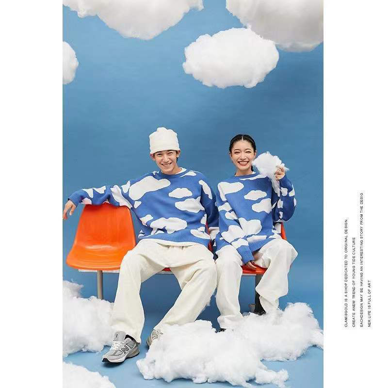 國(guó)潮牌嘻哈藍(lán)天白云寬松套頭毛衣男女情侶加厚針織外套