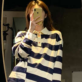 美式复古条纹POLO衫长袖t恤女春秋百搭宽松ins潮外穿oversize上衣