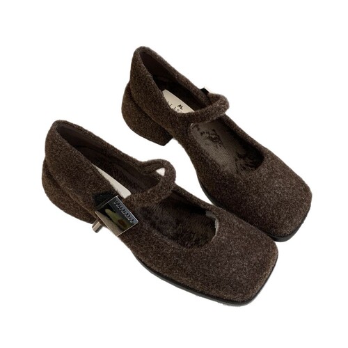 Gray retro woolen Mary Jane fluffy shoes for women in winter wear New French thick heel and velvet high-heeled single-layer shoes