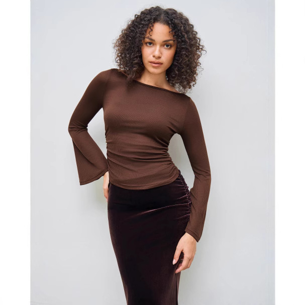 2024 Autumn and Winter New Trumpet Sleeve Women's Boat Collar Solid Color Pleated Long Sleeve Top Fashion Simple T-Shirt