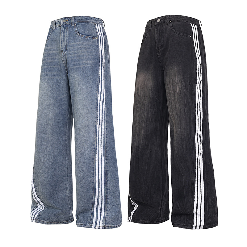 Striped Side Triple Bar Jeans Unisex Loose Washed Straight High Street Fashionable American Style oversize Trousers
