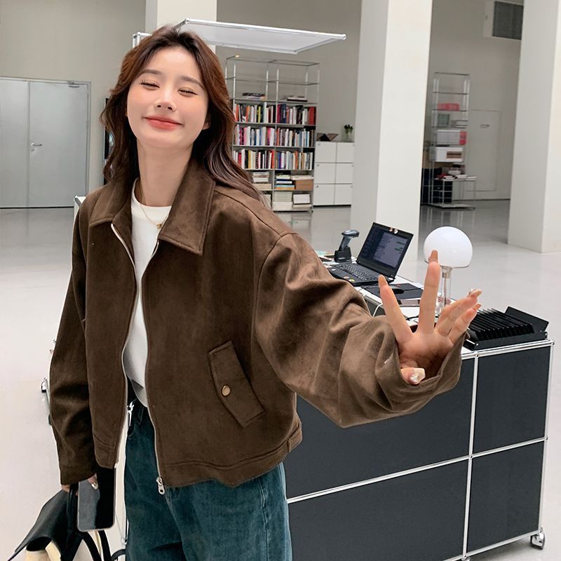 Maillard Short Suede Jacket for Women, Spring & Fall American Retro Lazy Chic, Cool and Sassy Leather Jacket