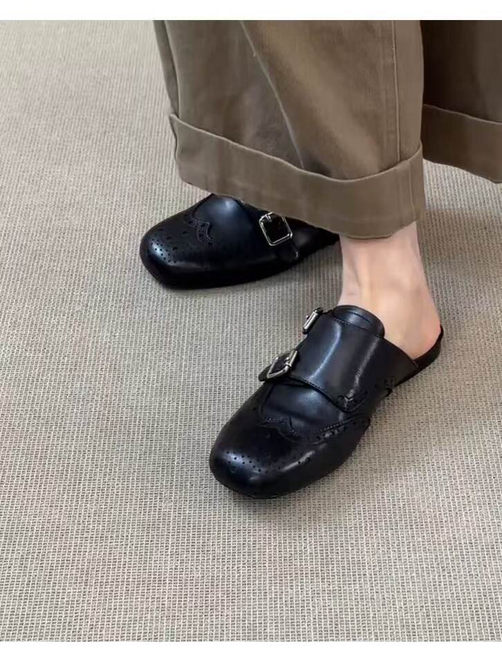 Giày lười nữ mũi vuông da thật kiểu Brogue hai hàng khóa, đế bằng — Màu nâu, màu đen chi tiết 8
