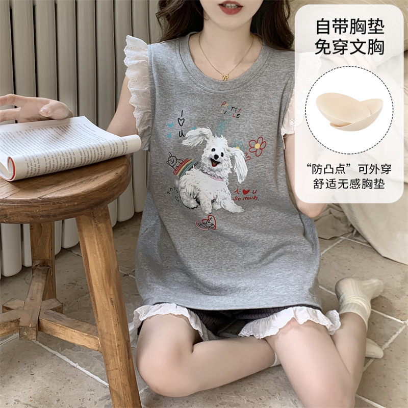 Pajamas with Breast Pads, Vest Shorts, Simple Design, Casual Short-Sleeved Home Round Neck Lace Suit, Cute and Versatile