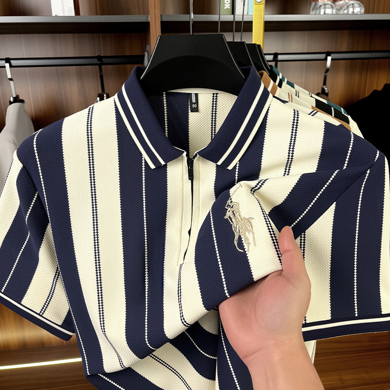 High-End Striped Men's Polo Shirt with a Turn-Down Collar, Light Luxury Pony Logo, Business Casual Short-Sleeve Ralph Lauren Polo Shirt