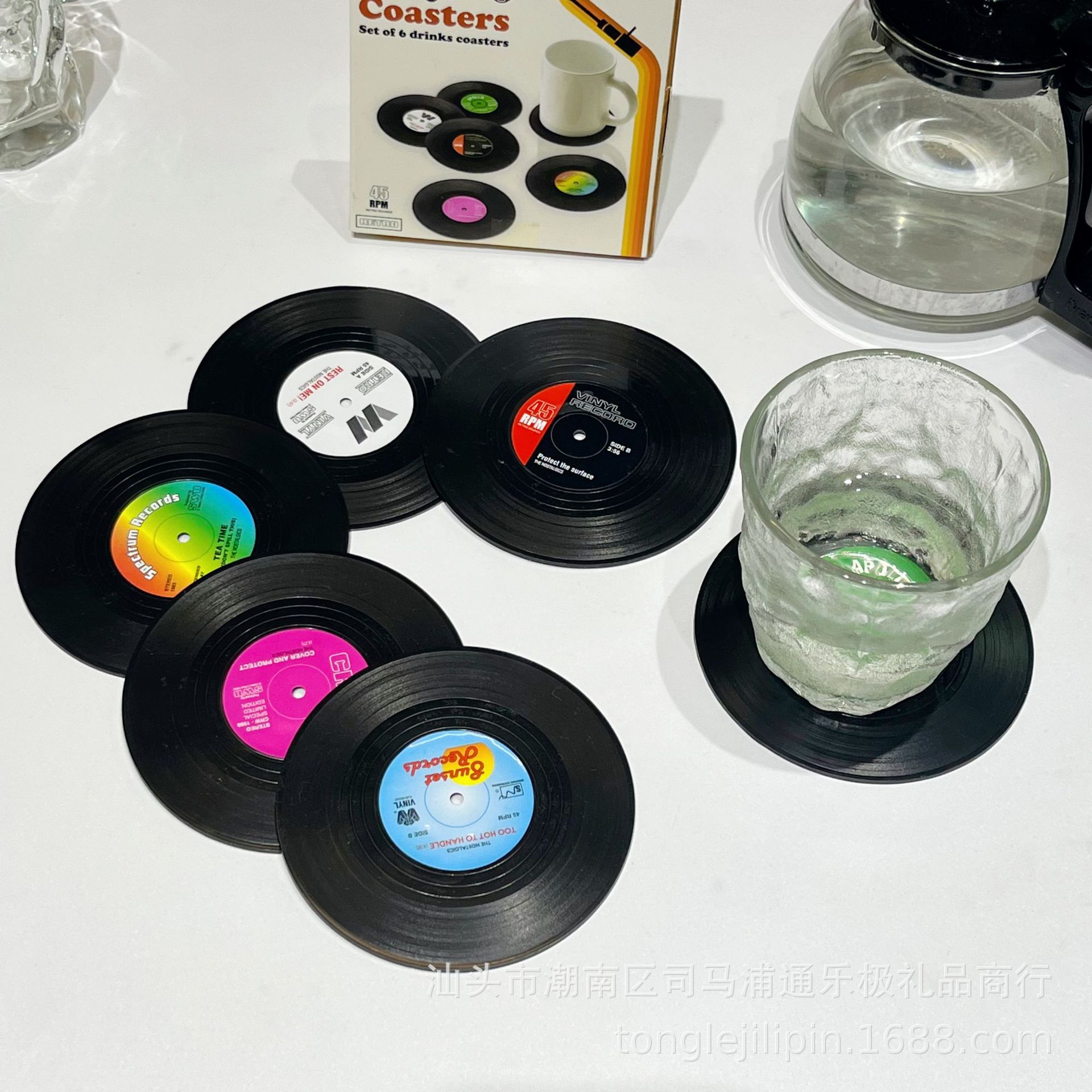 Posavasos de silicona transfronterizos, almohadillas retro para discos de vinilo y CD, almohadillas de aislamiento térmico, juego de seis piezas, posavasos redondos de aislamiento térmico