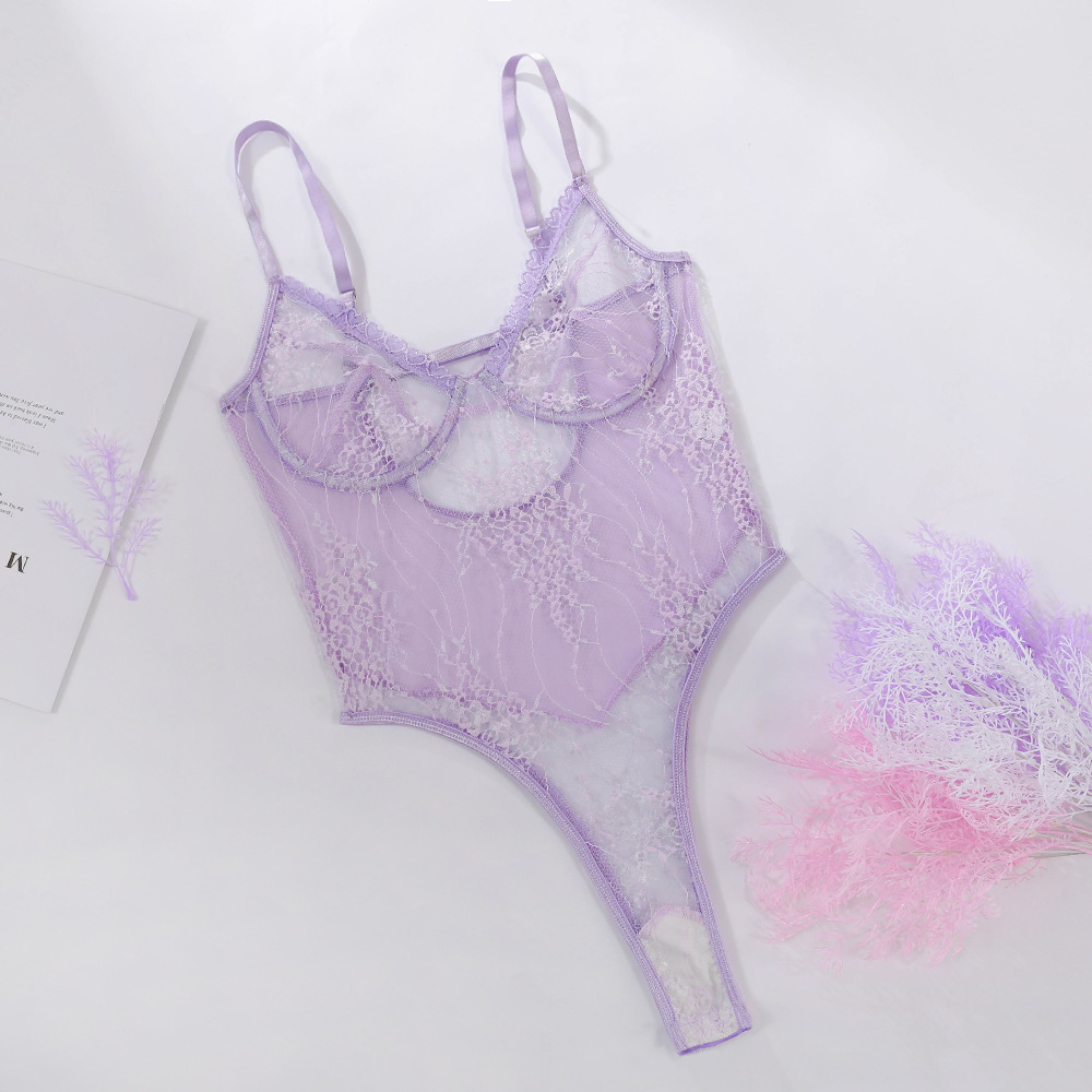 Purple Sheer Lace Lingerie Bodysuit