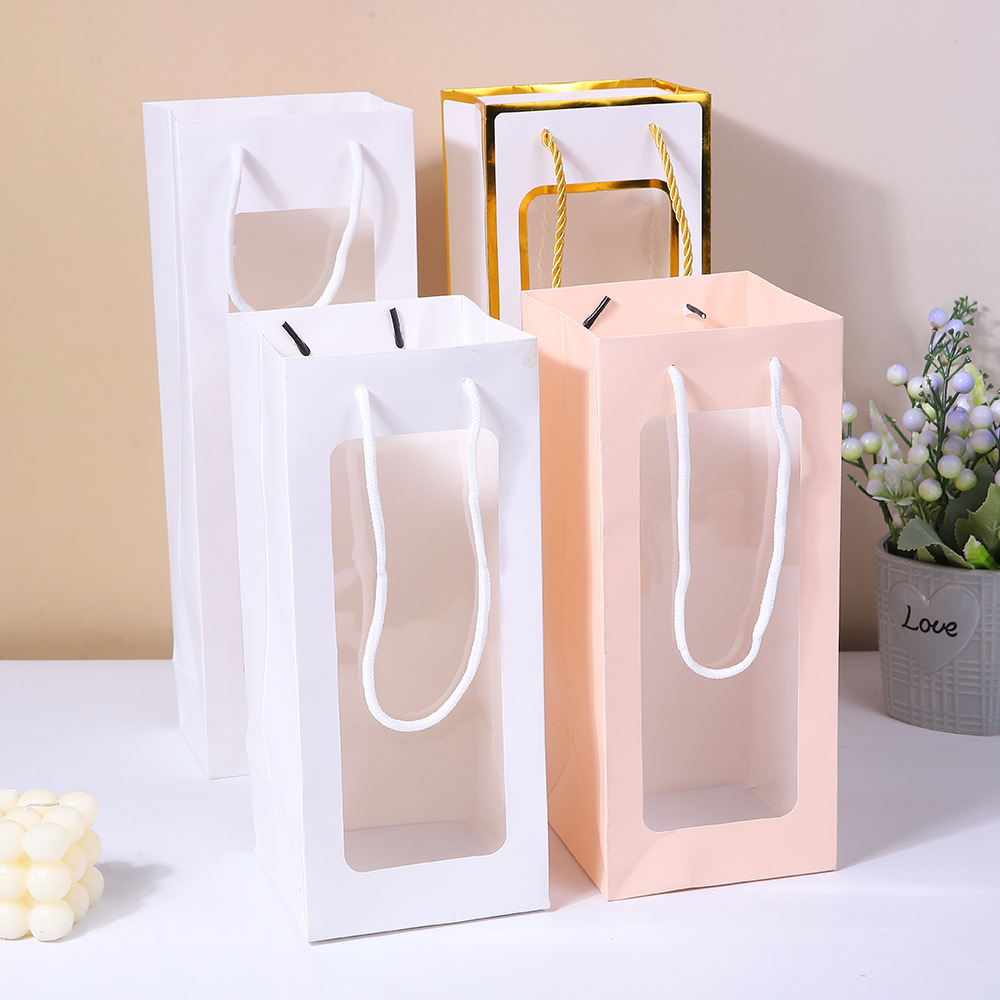 开窗透明礼品袋节日鲜花包装袋烫金玫瑰花束手提纸袋伴手礼礼物