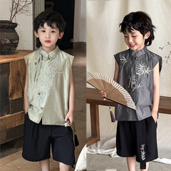 男の子の国民風ベスト 2025 夏の新製品子供中国風竹の葉刺繍ショーツ薄い漢服子供服セット