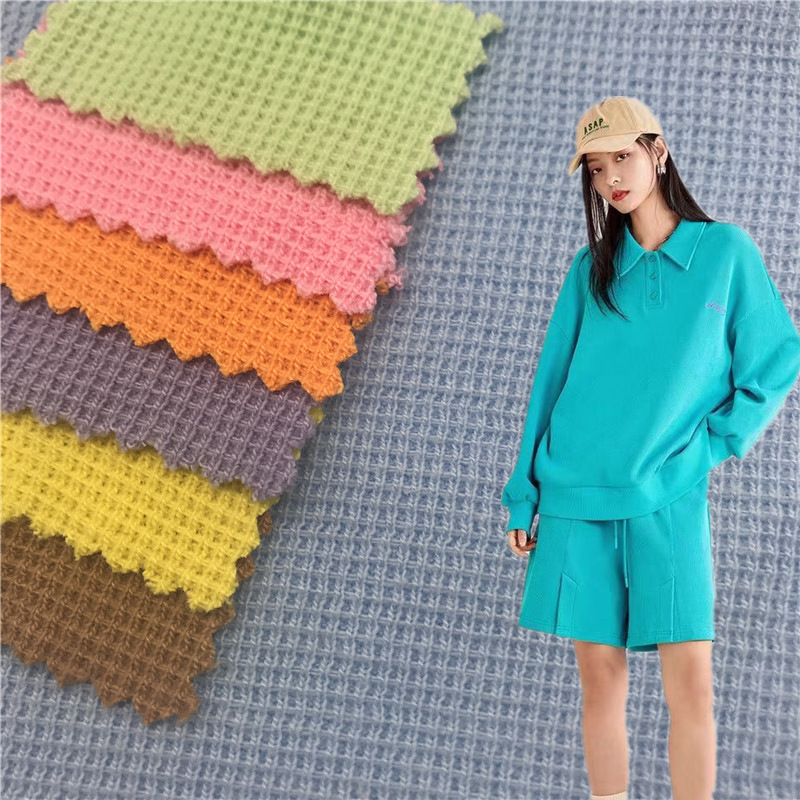 十字罗纹华夫格 310g涤棉威化格提花针织面料 秋冬外套休闲面料