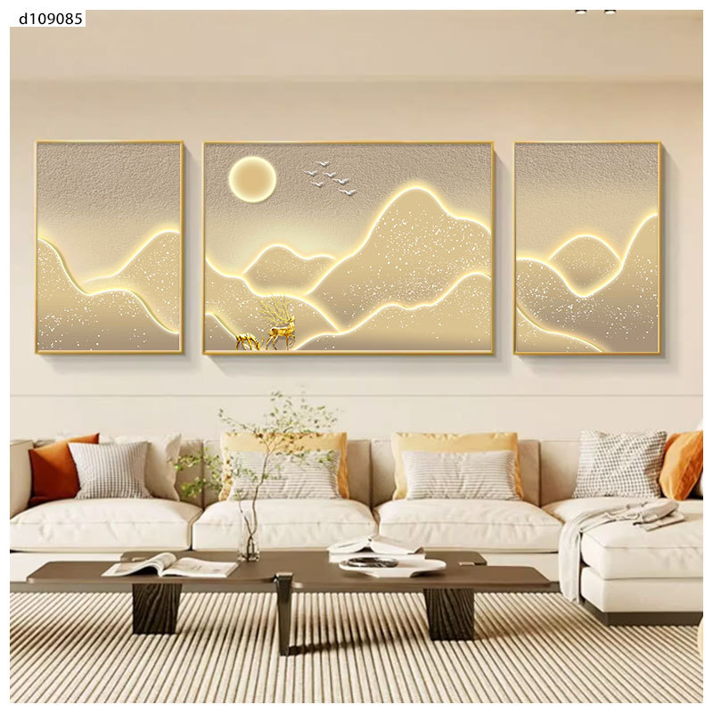 輕奢客廳裝飾畫日照金山大氣三聯畫高級感掛畫沙發背景牆晶瓷壁畫