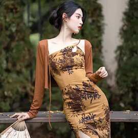 新中式国风吊带旗袍套装女春夏复古两件套辣妹小众设计修身连衣裙