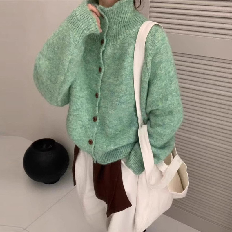 French Retro Turtleneck Sweater Coat Women's Autumn and Winter New Top for Outer Wear Loose Single-breasted Knitted Cardigan Women's Trendy