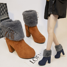 跨境外貿大碼馬丁靴女2022冬季新款歐美粗跟加絨保暖短筒高跟棉靴