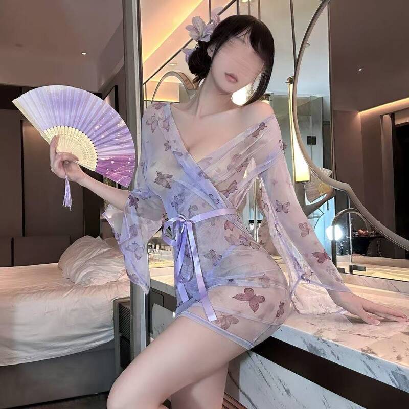 Vacation Style Scheming See-Through Kimono Temptation Butterfly Print Nightgown Flirting Exposed Breasts No Need to Take Off Sexy Underwear Female Uniform Vacation Style Scheming See-Through Kimono Temptation Butterfly Print Nightgown Flirting Exposed Breasts No Need to Take Off Sexy Underwear Female Uniform