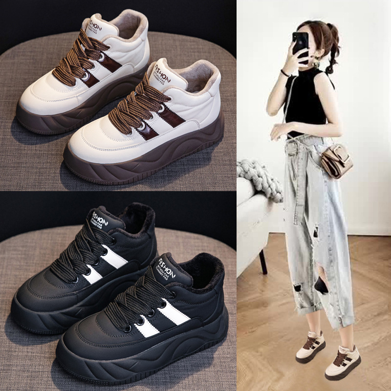 Thick-Soled Bread Shoes for Women 2025 Autumn and Winter Velvet Thickeneded Cotton Shoes High-Top Flats Shoes Versatile Casual White Shoes for Women