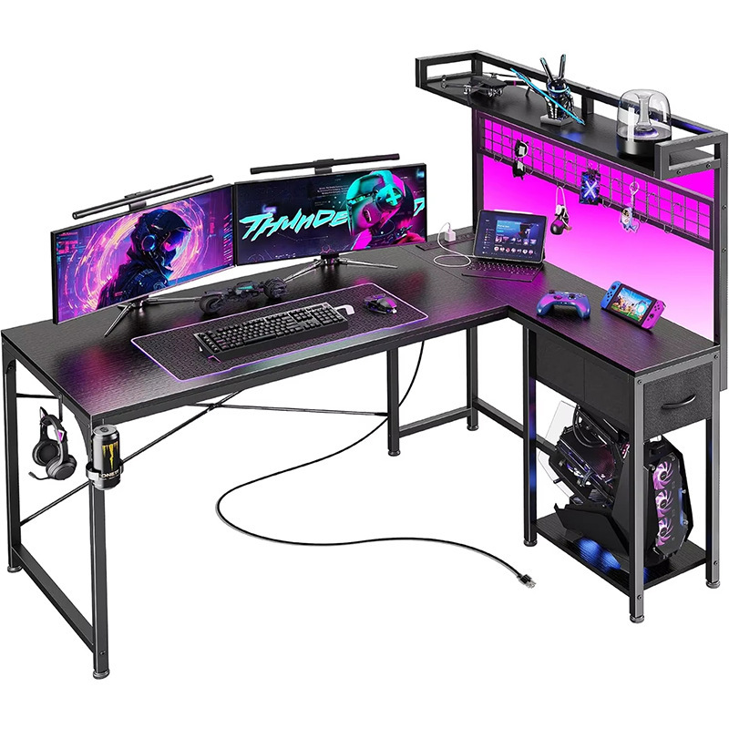 Cross-Border Manufacturer Direct Sales Corner Table Desk with Storage Bag L-Shaped Gaming Table with Led Lights and Power Sockets Trendy