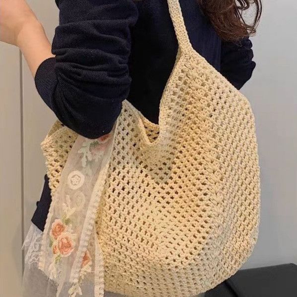 慵懒风腋下包女夏大容量棉线镂空编织包海边度假单肩托特包花织物|undefined