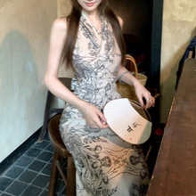 兰亭集序 清冷印花交叉绑带挂脖无袖连衣裙水墨气质