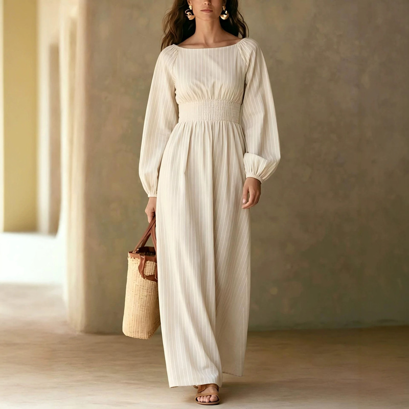 2026 European and American cross-border autumn and winter new Amazon elegant waist-cinching round-neck women's dress
