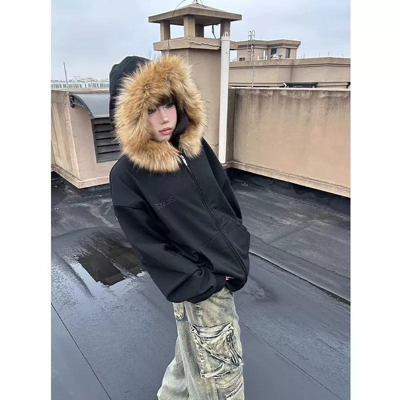 重磅灰色毛领开衫卫衣男生秋季美式潮牌青少年运动上衣高级感外套