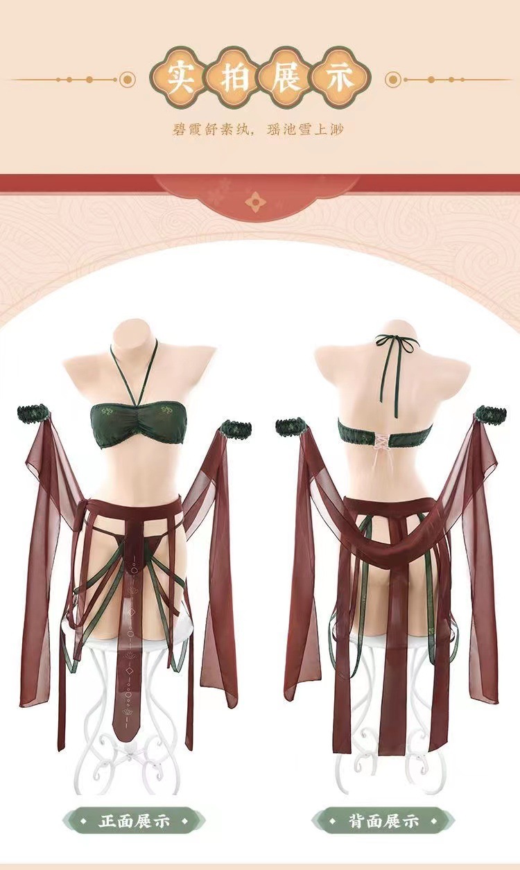 Dunhuang Apsara Hanfu Cosplay Lingerie Set, Black Mesh with Garters, Women’s Pajama Suit — detail image 15