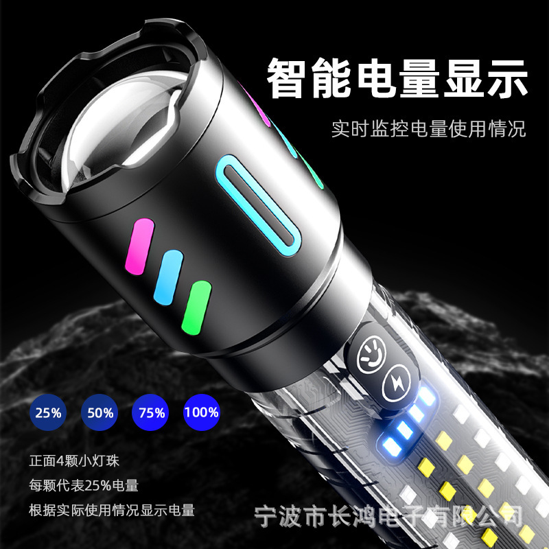 新型白レーザー伸縮ズーム強光懐中電灯家庭用屋外遠射赤青警告側灯led懐中電灯|undefined