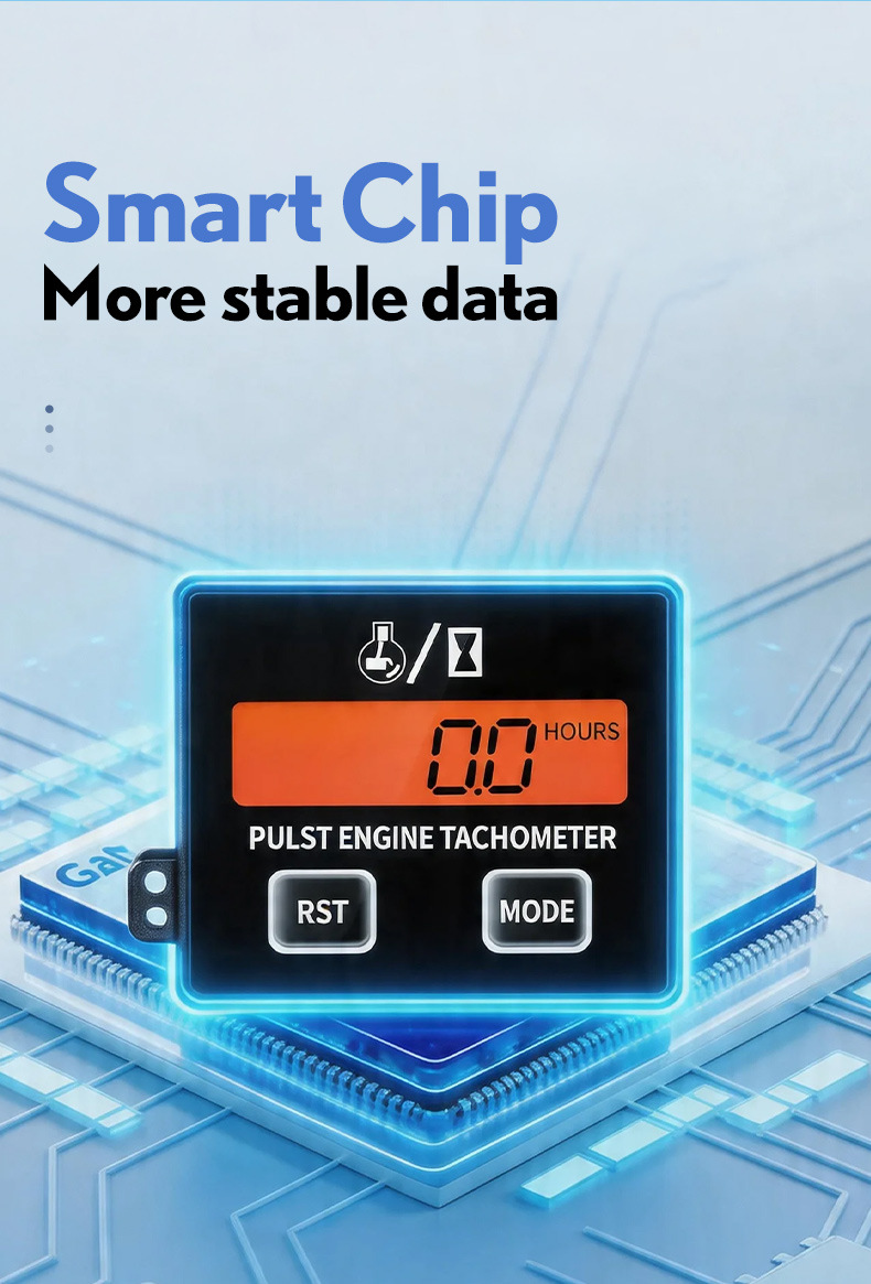 Inductive digital display tachometer for 2-stroke and 4-stroke engines, lawn mower oil accumulation timer tachometer