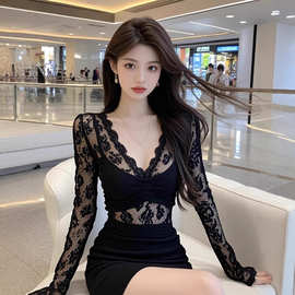 TZ6112气质御姐风V领蕾丝拼接连衣裙女性感辣妹收腰显瘦包臀短裙