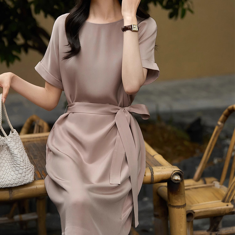 Heavy 30MM Crepe Mulberry Silk dress Temperament Silk Skirt Waist Lace Long Summer Women's Wear