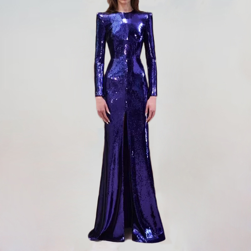 High-End Sequined Evening Gown Long Dress 2026 New Style European and American Socialite Runway Show Banquet Front-Slit Mermaid Dress