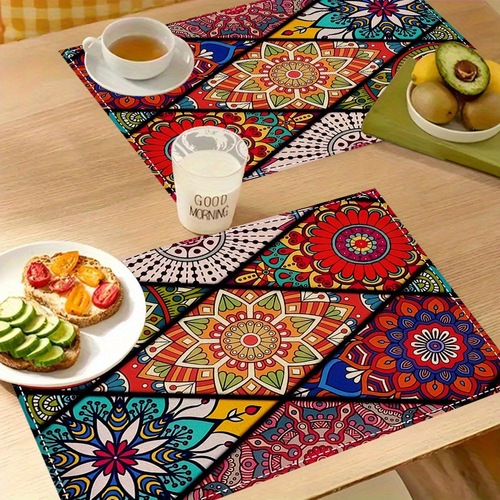 Holiday Table Mat Party Gathering Outdoor Insulated Linen Table Mat TEMU 4 Piece Set, Bohemian Man