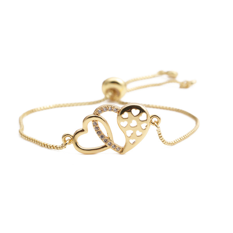Fashion golden zircon double heart adjustable bracelet