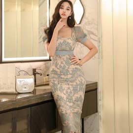 小礼服女2022春夏装新款韩版气质方领修身钉钻蕾丝包臀连衣一步裙