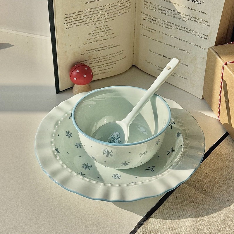 【初雪】新款高温釉下彩陶瓷餐具套装ins风奶蓝色简约家用碗盘|undefined