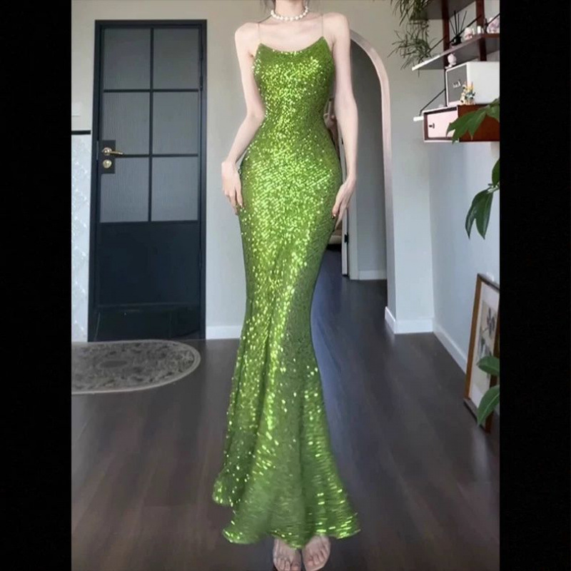 Morning Robe Toast Dress Host Banquet Evening Dress Christmas Outfit Heavy Sequin Green Fishtail Suspender Dress