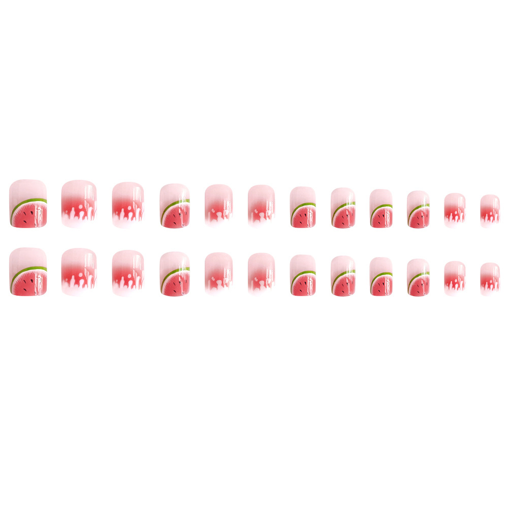 Leche, sandía dulce, uñas cortas, verano fresco, uñas de cabeza redonda, 24 piezas, parches de uñas terminados.