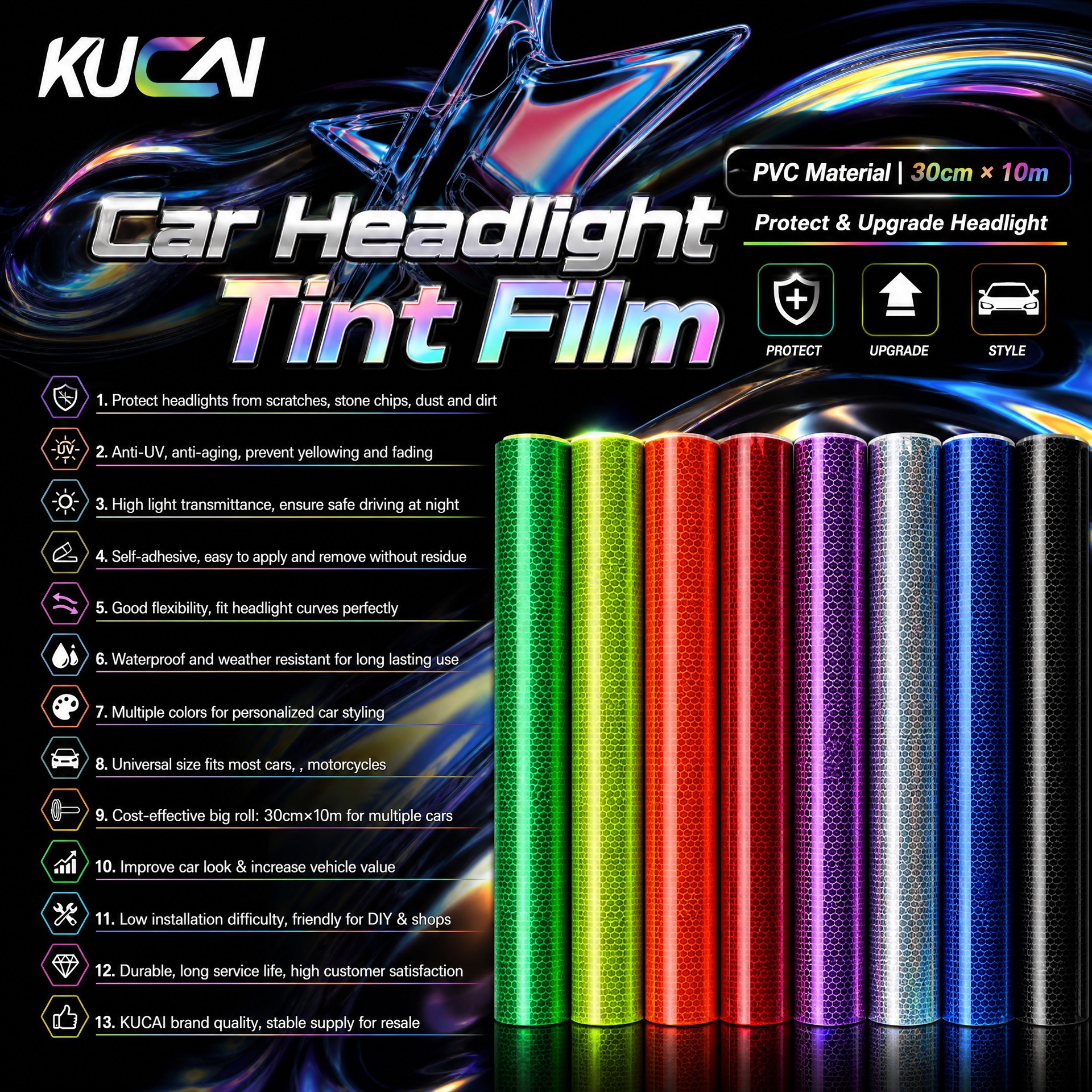 Car headlight film, PVC headlight film, honeycomb laser carbon fiber film, TPH taillight film, available in black, white, yellow, and gray